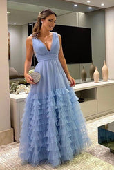 Blue A-Line V-Neck Long Tulle Layered Prom Party Dress